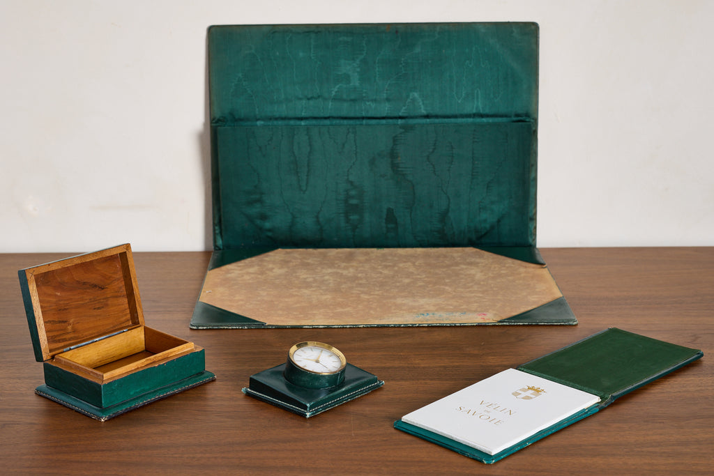 French Green Leather Desk Set by Le Tanneur