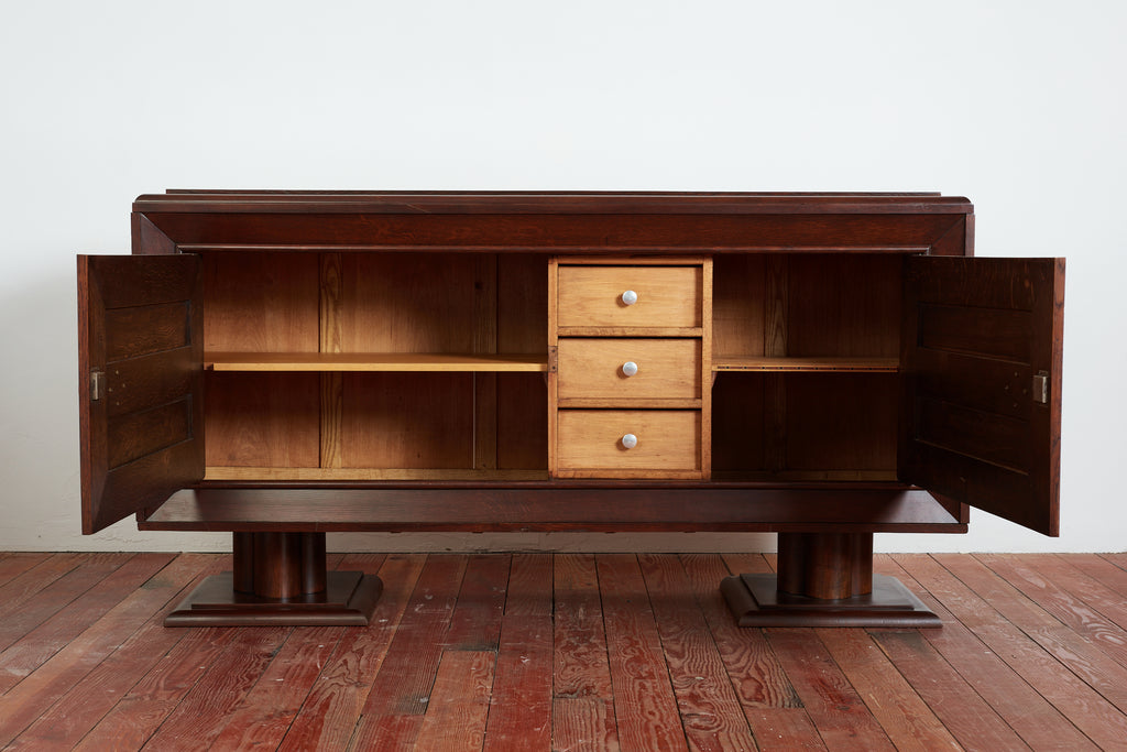Massive Charles Dudouyt Oak Sideboard w/ brass circle handles