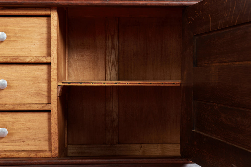 Massive Charles Dudouyt Oak Sideboard w/ brass circle handles