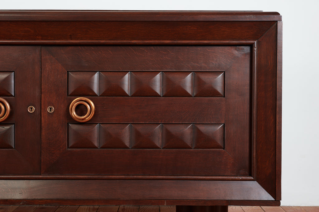 Massive Charles Dudouyt Oak Sideboard w/ brass circle handles
