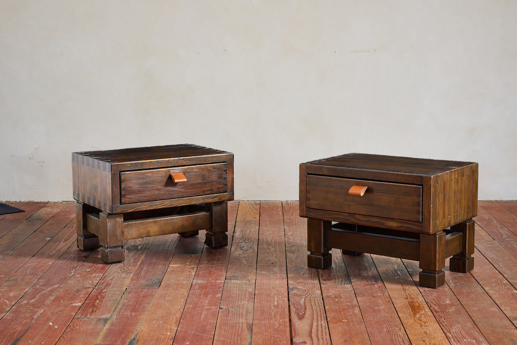 French Nightstands in Larch and Leather