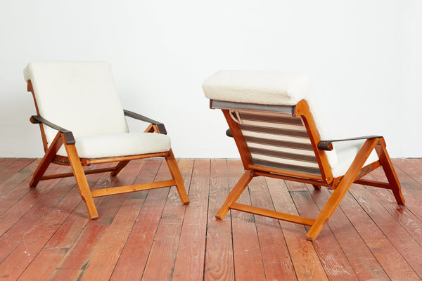Marco Zanuso Adjustable Boucle and Wood Armchairs