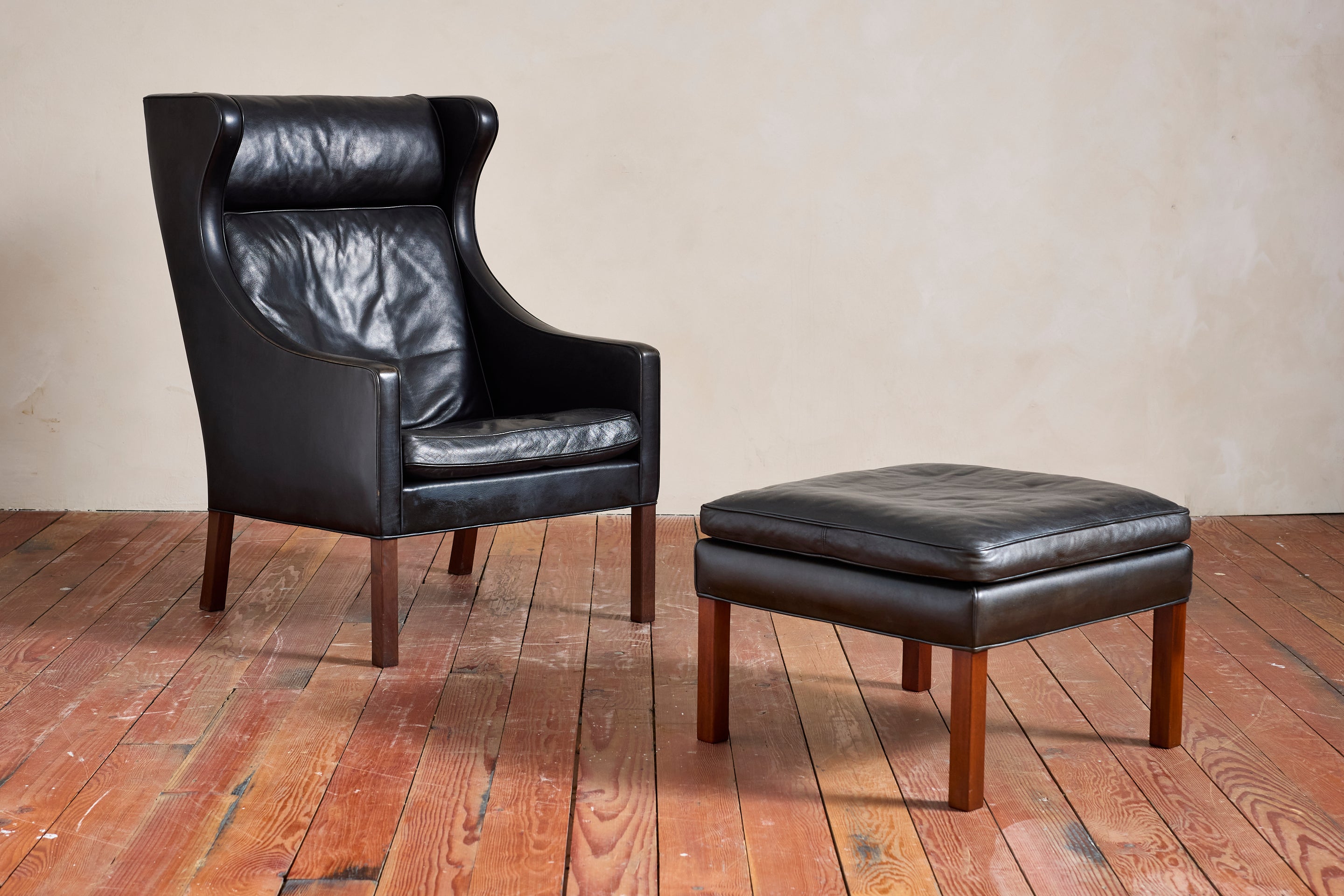 Borge Mogensen Leather Wingback Armchair with Ottoman Orange