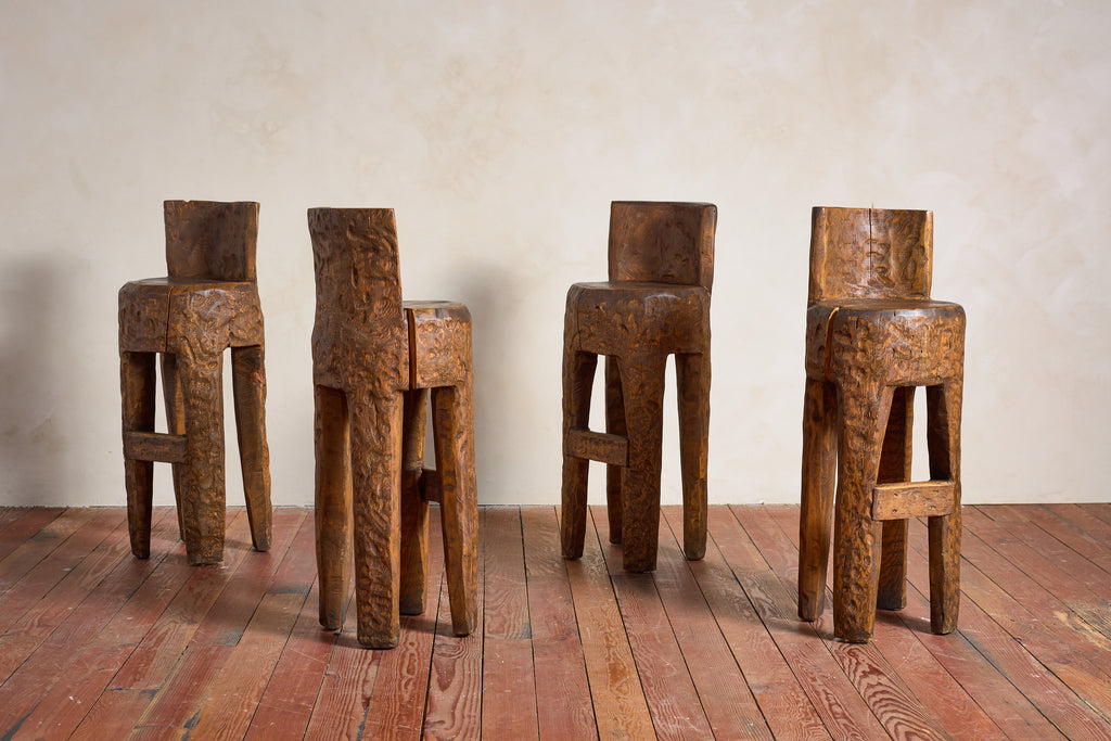 French Brutalist Carved Bar Stools - Set of 4