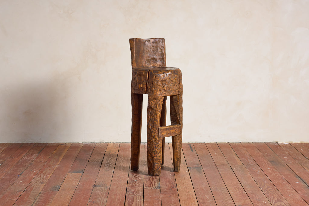 French Brutalist Carved Bar Stools - Set of 4