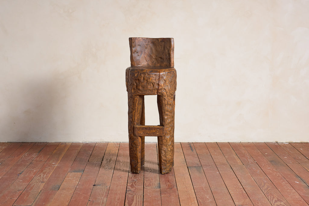 French Brutalist Carved Bar Stools - Set of 4