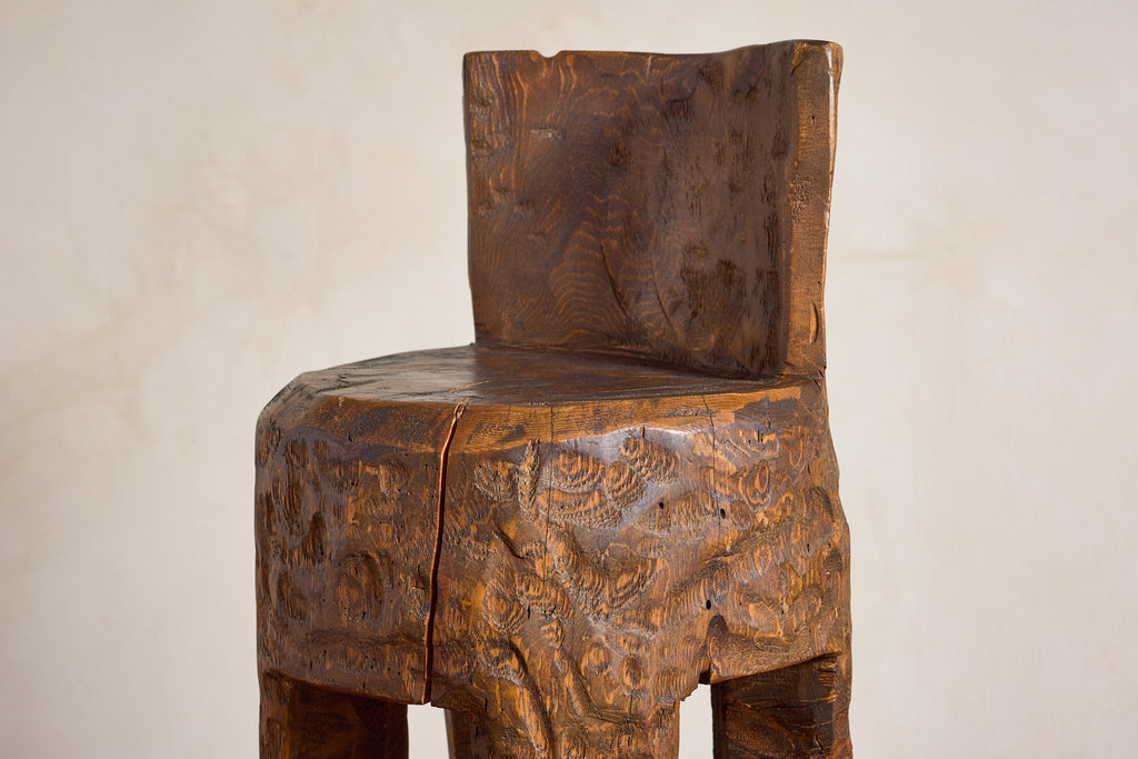 French Brutalist Carved Bar Stools - Set of 4