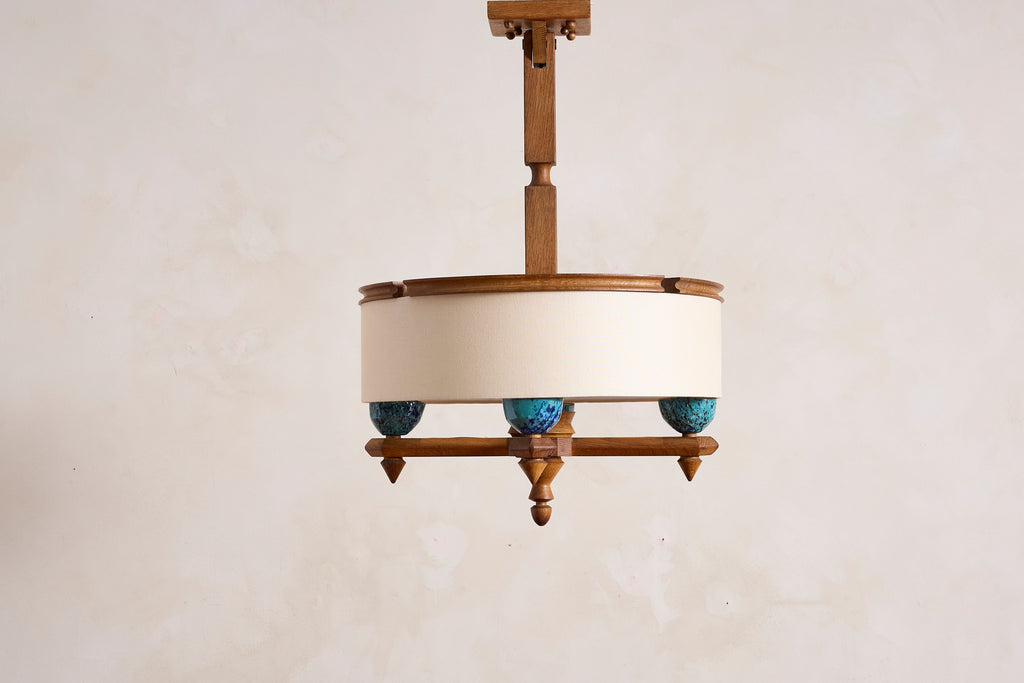 Large Guillerme et Chambron Oak Pendant w/ Turquoise Ceramic