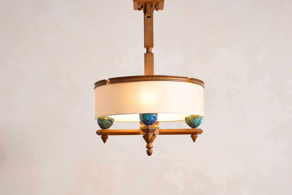 Large Guillerme et Chambron Oak Pendant w/ Turquoise Ceramic