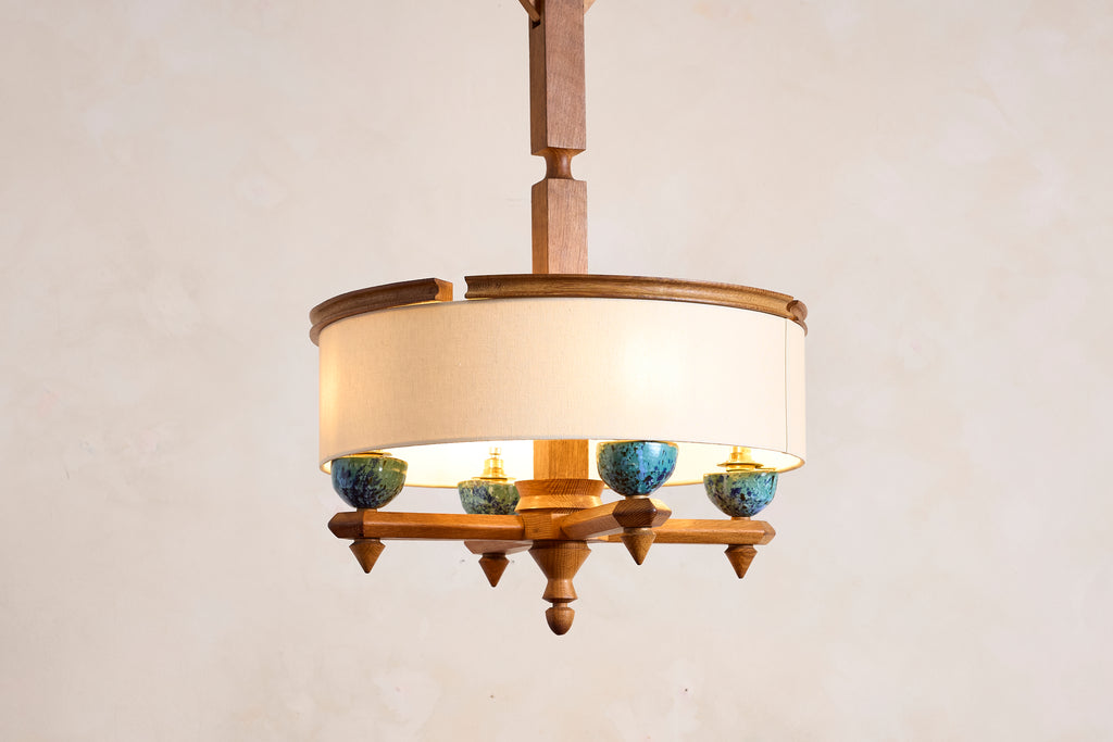 Large Guillerme et Chambron Oak Pendant w/ Turquoise Ceramic