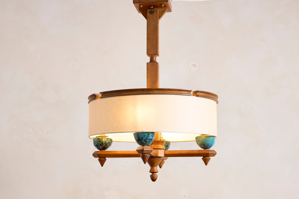 Large Guillerme et Chambron Oak Pendant w/ Turquoise Ceramic