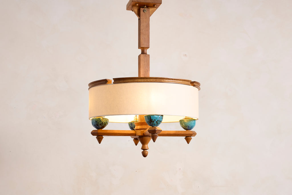 Large Guillerme et Chambron Oak Pendant w/ Turquoise Ceramic