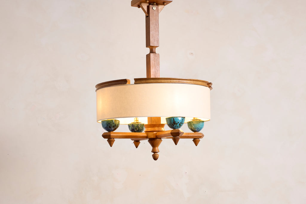 Large Guillerme et Chambron Oak Pendant w/ Turquoise Ceramic