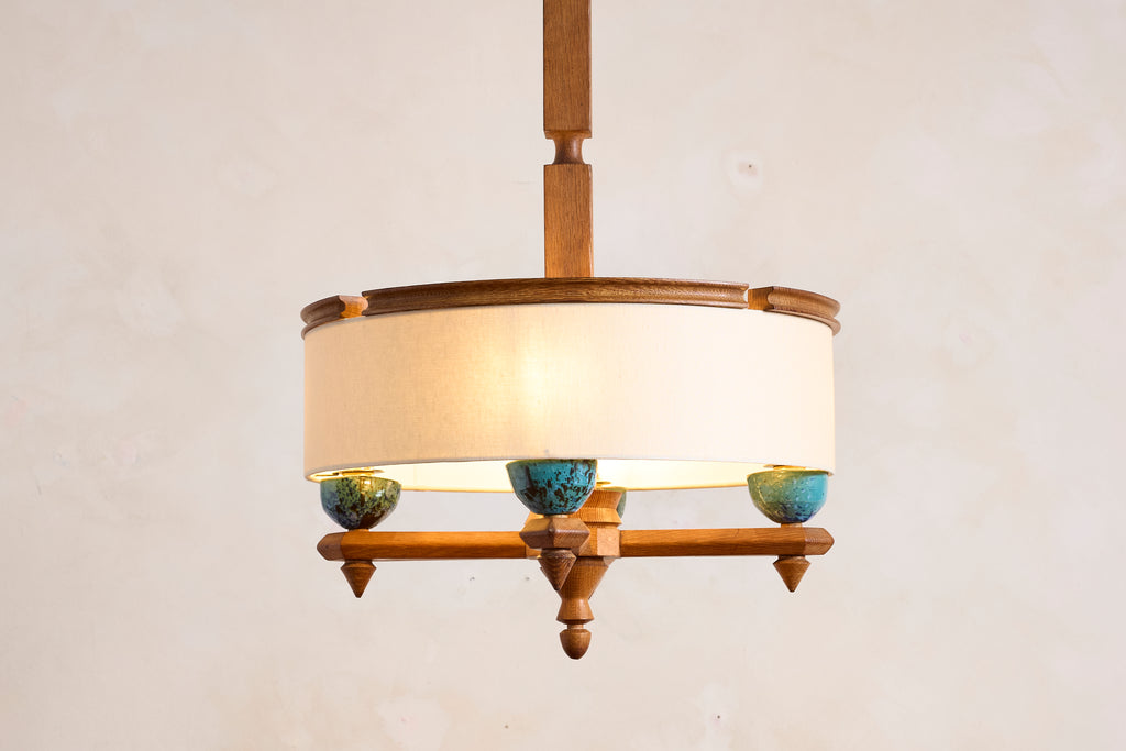 Large Guillerme et Chambron Oak Pendant w/ Turquoise Ceramic