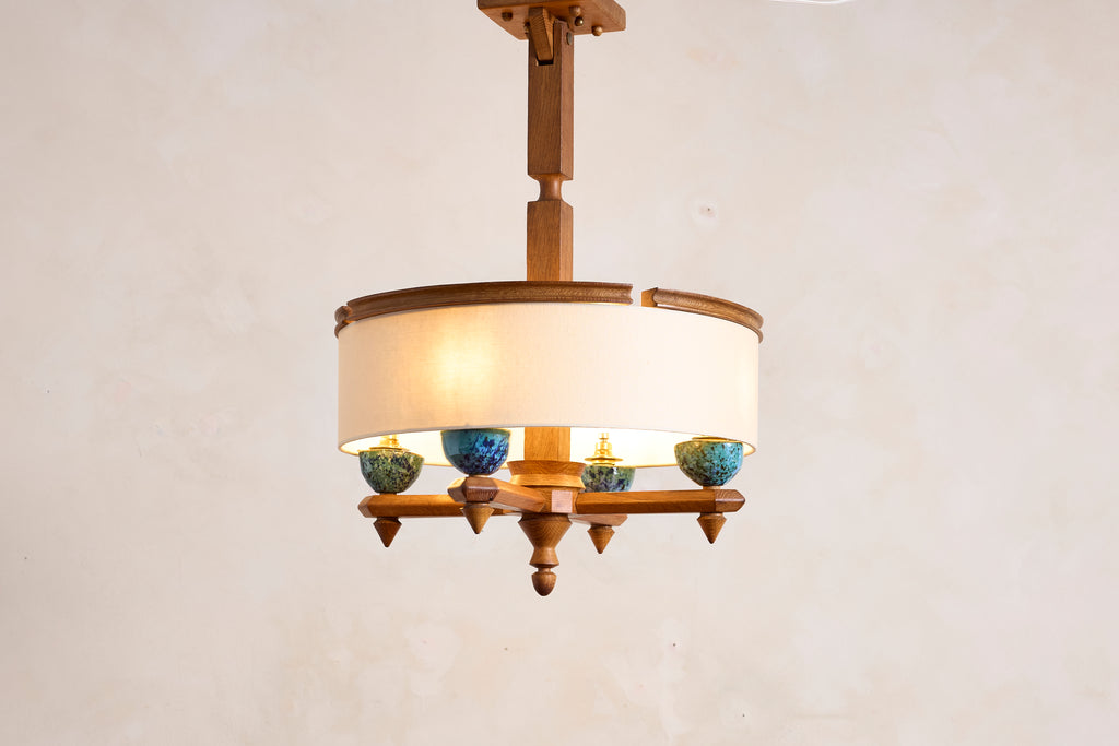 Large Guillerme et Chambron Oak Pendant w/ Turquoise Ceramic