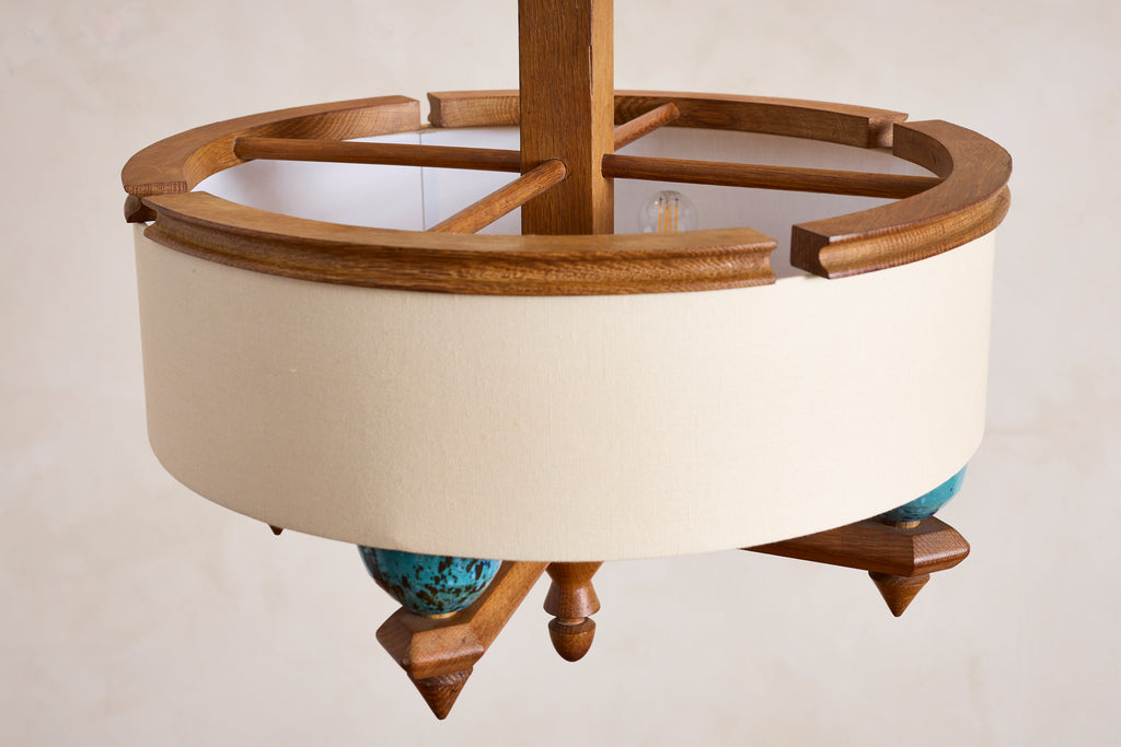 Large Guillerme et Chambron Oak Pendant w/ Turquoise Ceramic