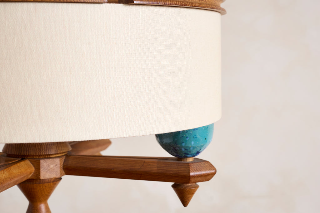 Large Guillerme et Chambron Oak Pendant w/ Turquoise Ceramic