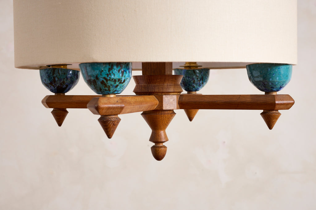 Large Guillerme et Chambron Oak Pendant w/ Turquoise Ceramic