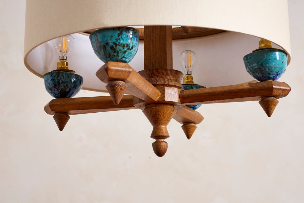 Large Guillerme et Chambron Oak Pendant w/ Turquoise Ceramic