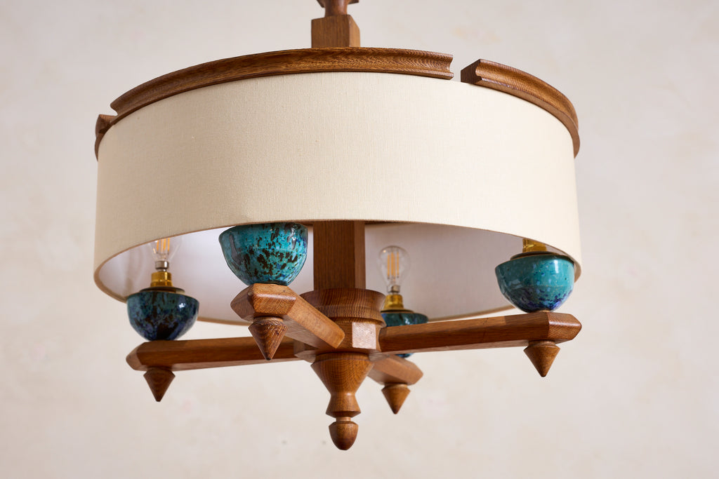 Large Guillerme et Chambron Oak Pendant w/ Turquoise Ceramic