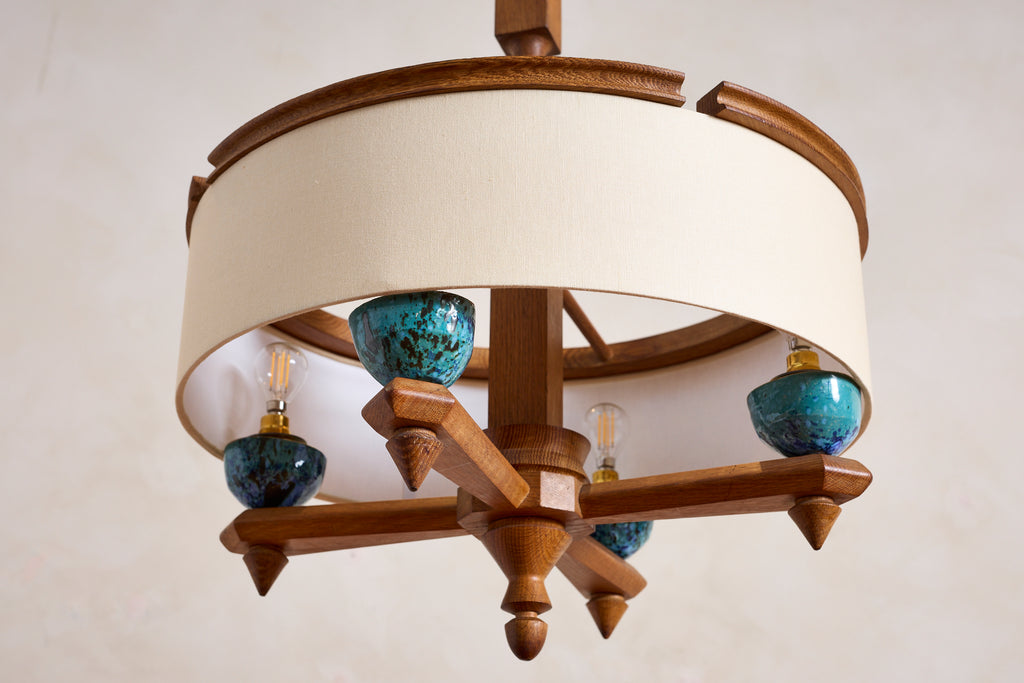 Large Guillerme et Chambron Oak Pendant w/ Turquoise Ceramic