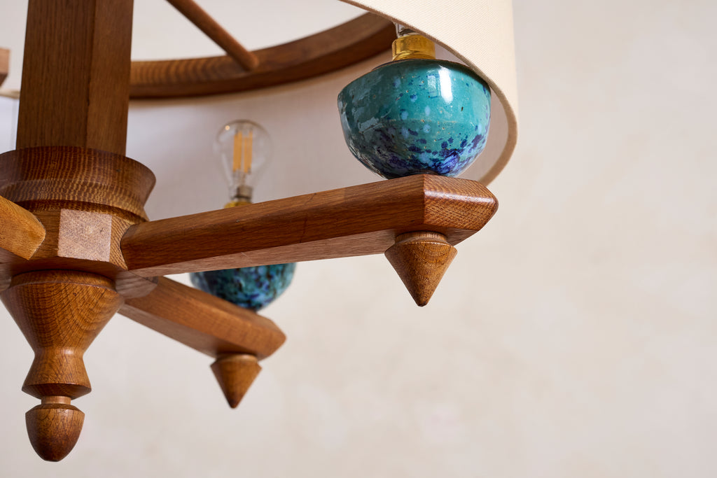Large Guillerme et Chambron Oak Pendant w/ Turquoise Ceramic