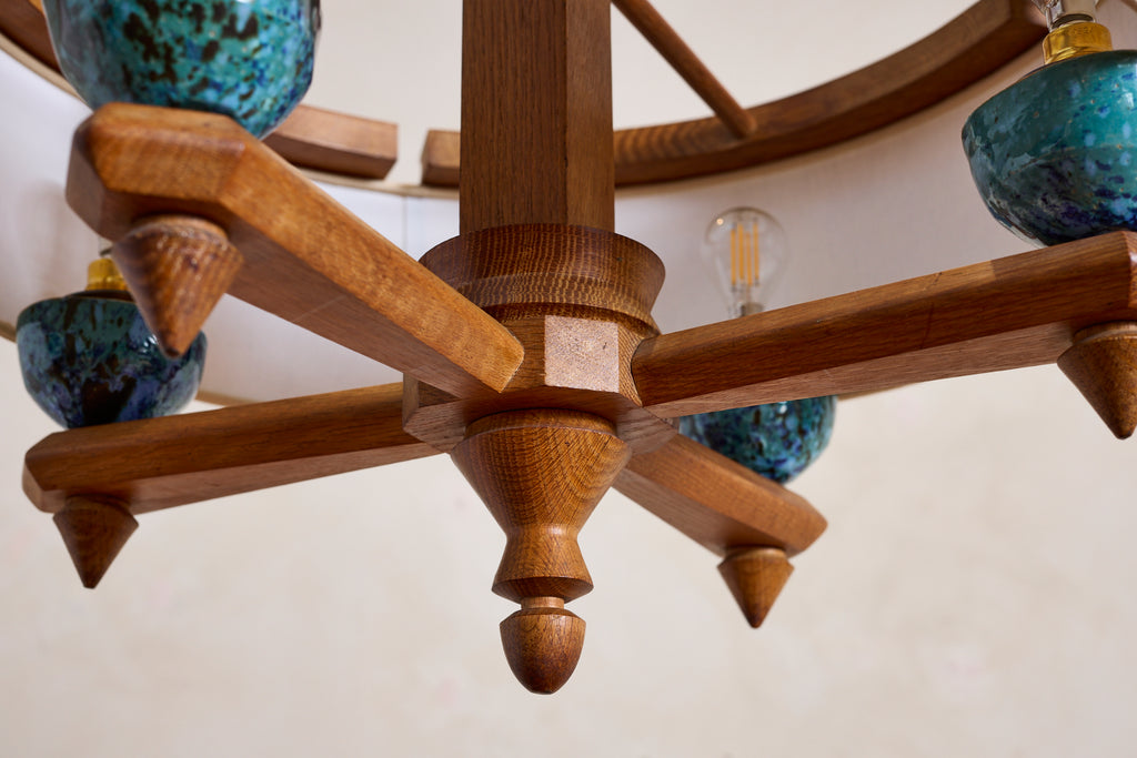 Large Guillerme et Chambron Oak Pendant w/ Turquoise Ceramic