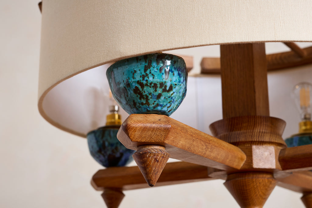 Large Guillerme et Chambron Oak Pendant w/ Turquoise Ceramic
