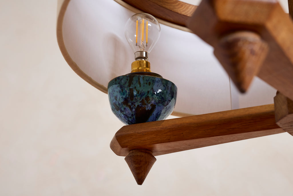 Large Guillerme et Chambron Oak Pendant w/ Turquoise Ceramic