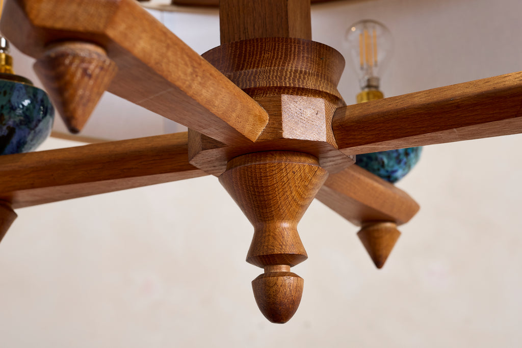 Large Guillerme et Chambron Oak Pendant w/ Turquoise Ceramic