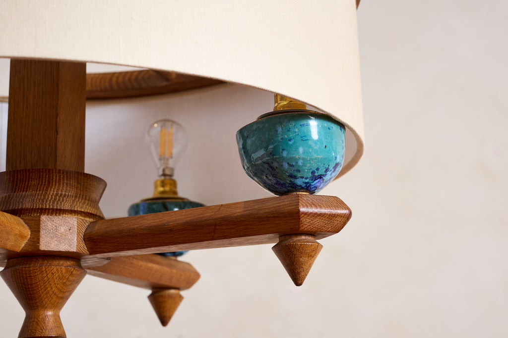 Large Guillerme et Chambron Oak Pendant w/ Turquoise Ceramic