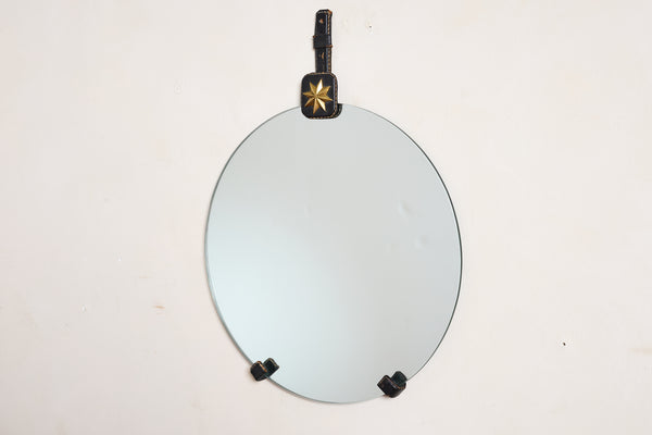 Jacques Adnet Black Leather Mirror