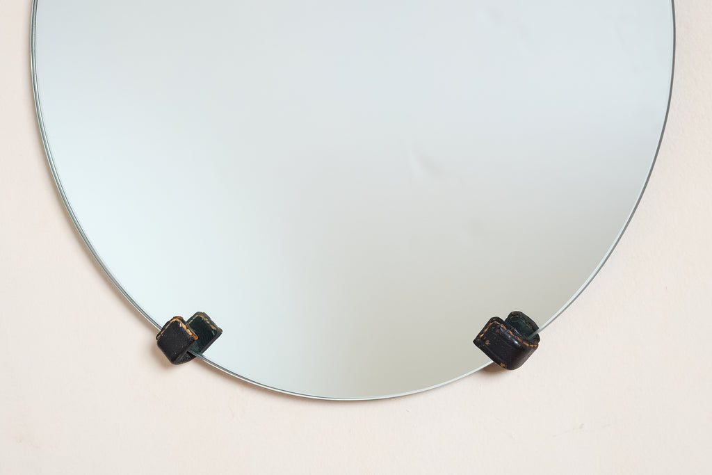 Jacques Adnet Black Leather Mirror
