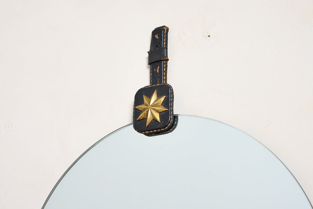 Jacques Adnet Black Leather Mirror