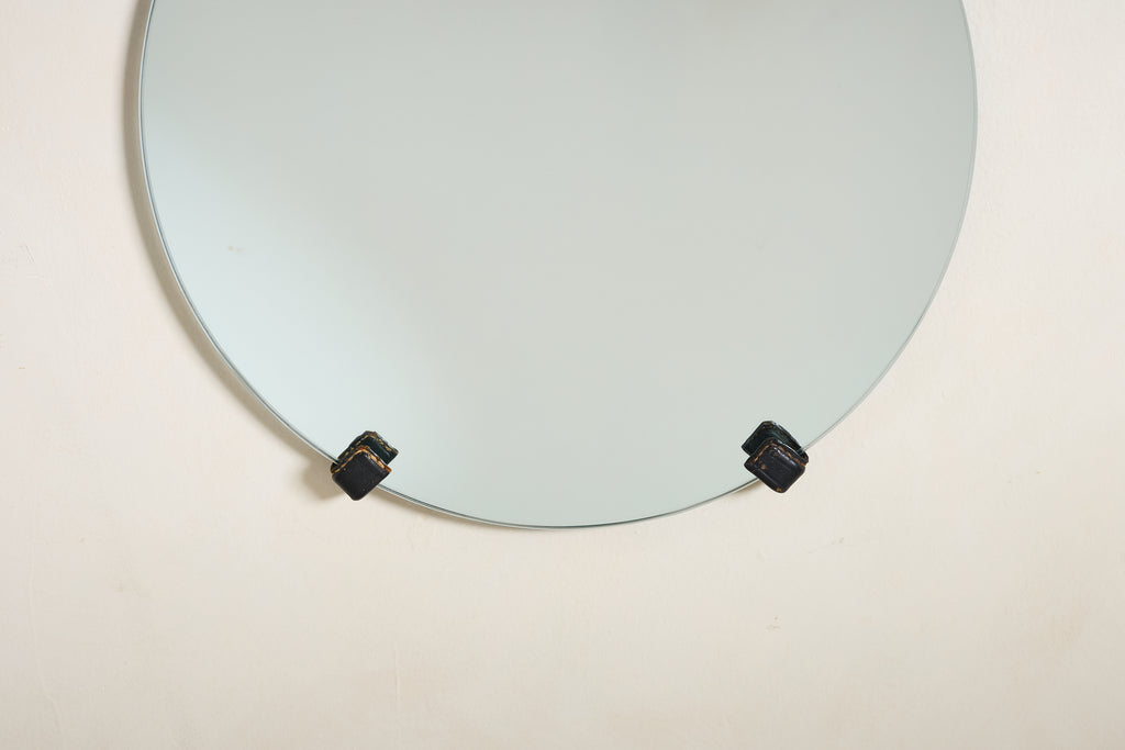 Jacques Adnet Black Leather Mirror