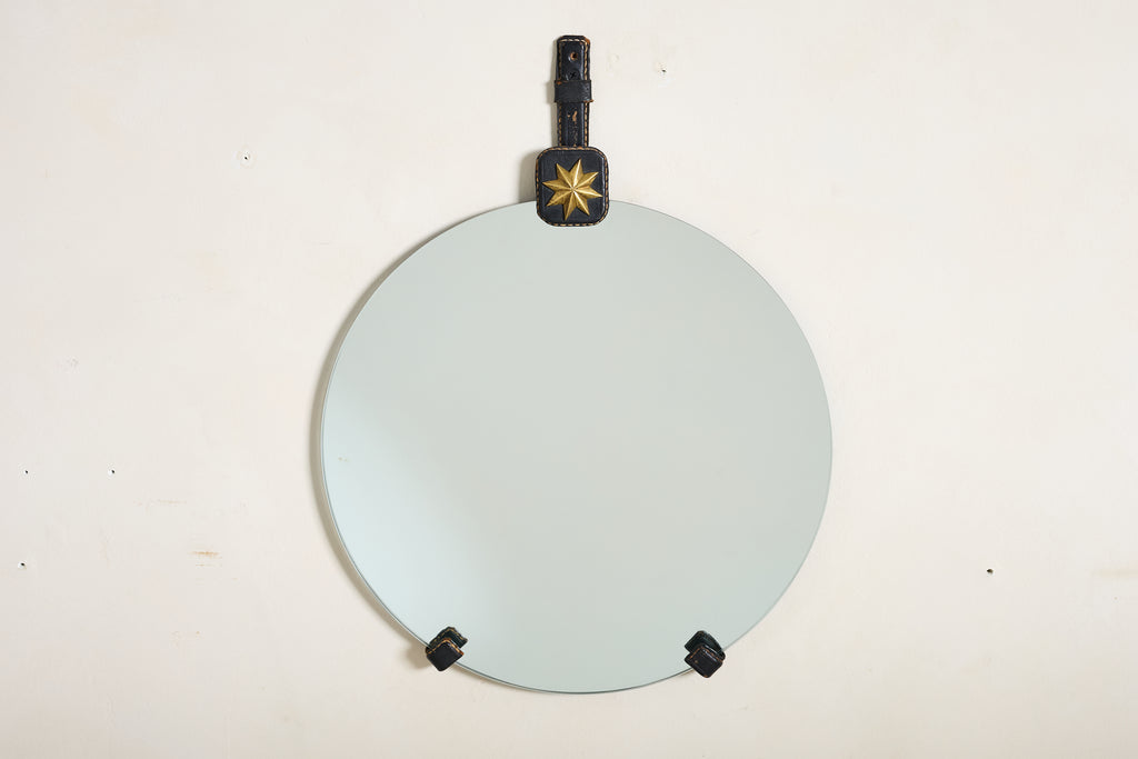 Jacques Adnet Black Leather Mirror