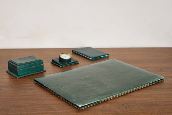 French Green Leather Desk Set by Le Tanneur