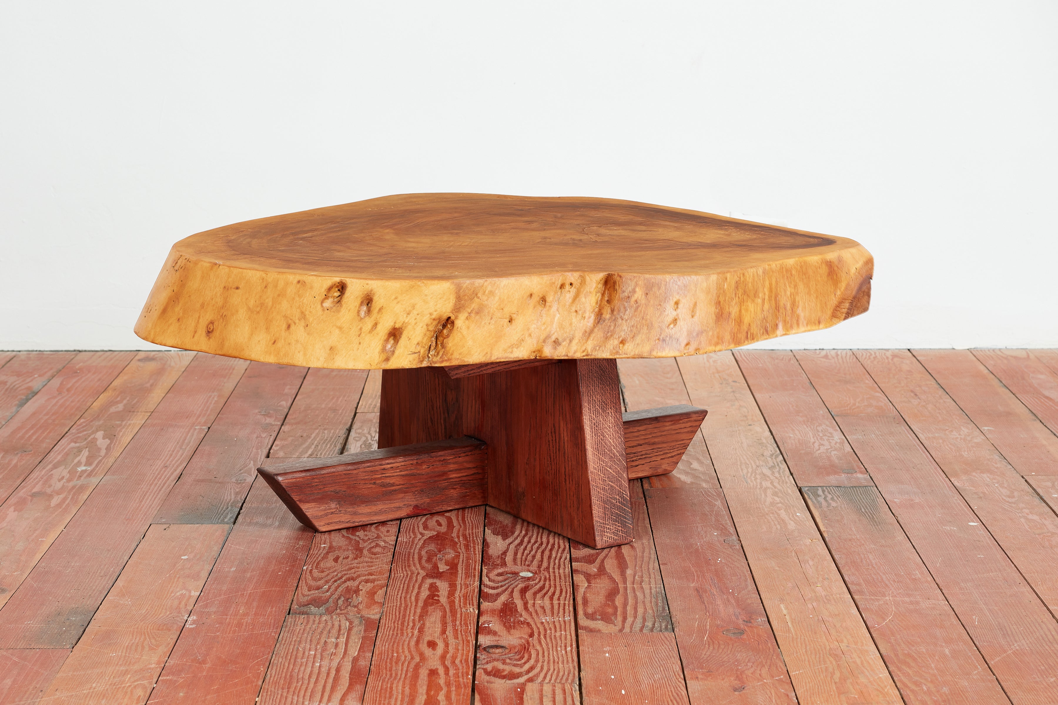 Brutalist Pine Round Coffee Table in the style of Charlotte