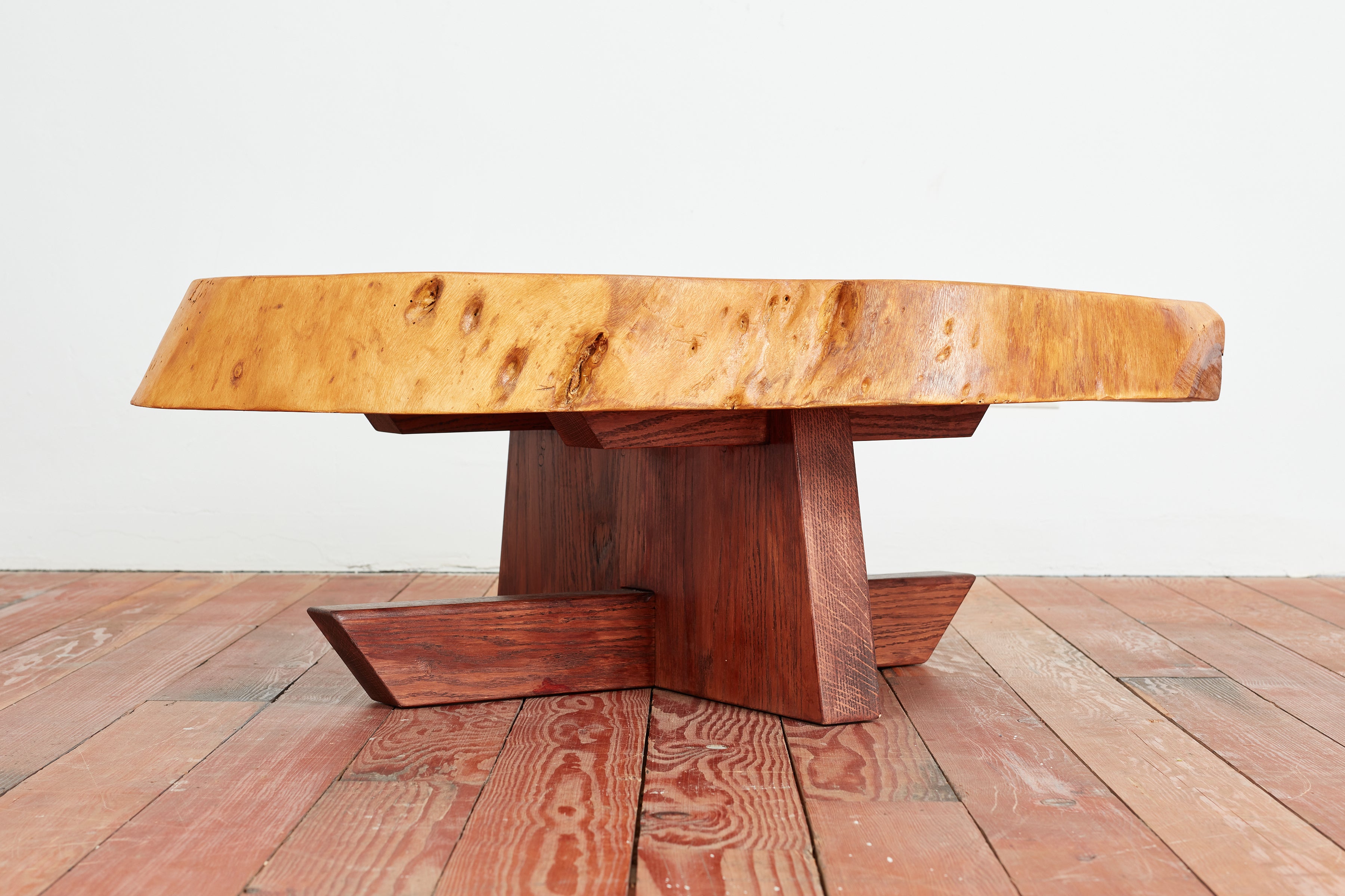 Brutalist Pine Round Coffee Table in the style of Charlotte