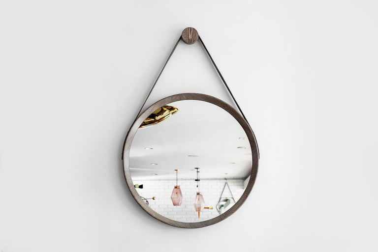 Beverly Oak and Leather Round Mirror, Grey Cerused