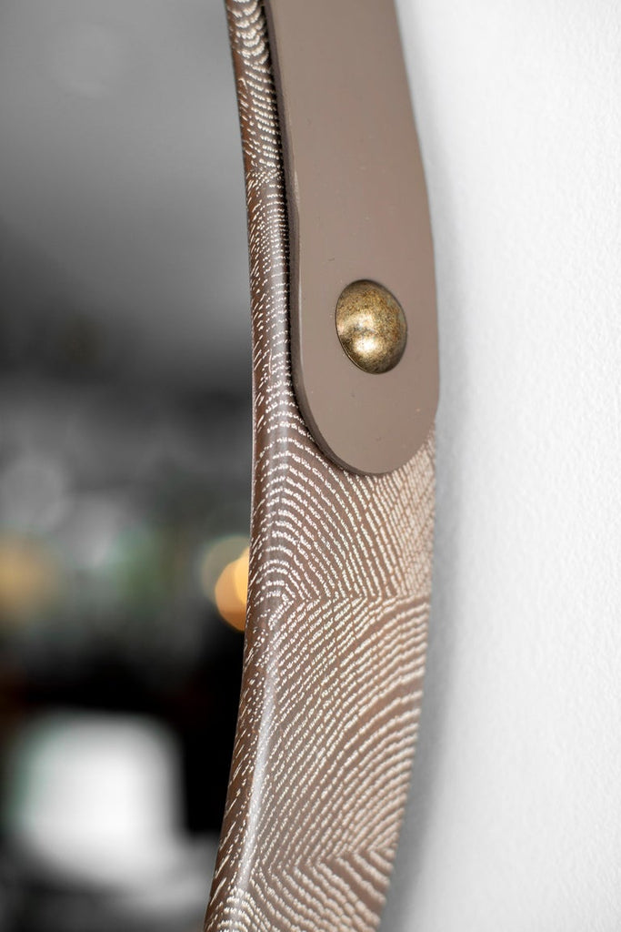 Beverly Oak and Leather Round Mirror, Grey Cerused