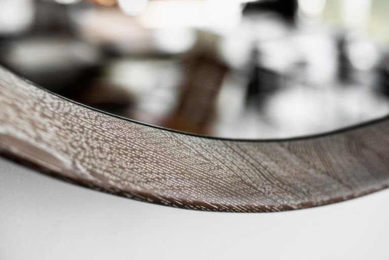 Beverly Oak and Leather Round Mirror, Grey Cerused