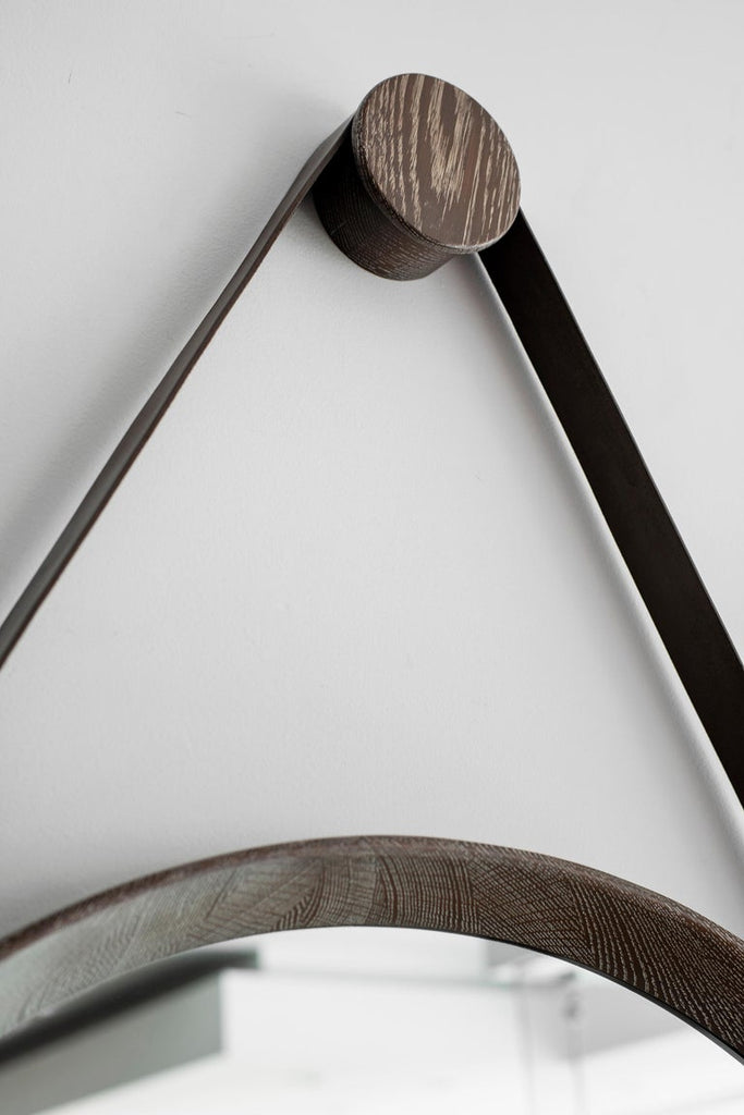 Beverly Oak and Leather Round Mirror, Grey Cerused