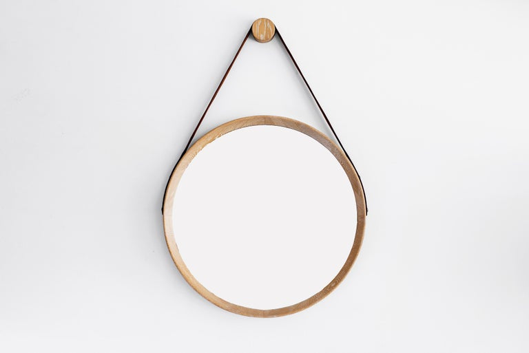 Beverly Oak and Leather Round Mirror - Cerused