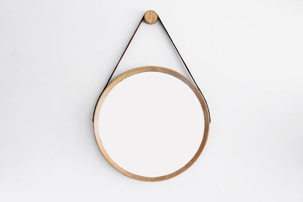Beverly Oak and Leather Round Mirror - Cerused