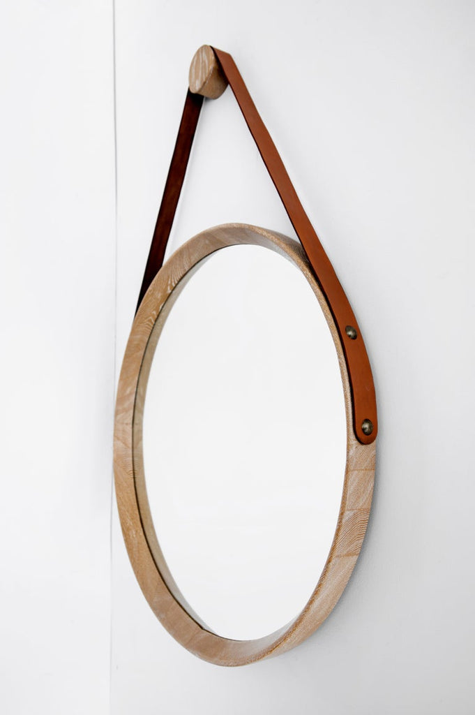 Beverly Oak and Leather Round Mirror - Cerused
