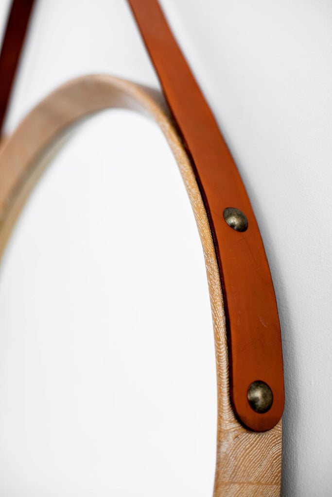 Beverly Oak and Leather Round Mirror - Cerused