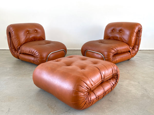 1970's Italian Leather Lounge Chairs & Ottoman