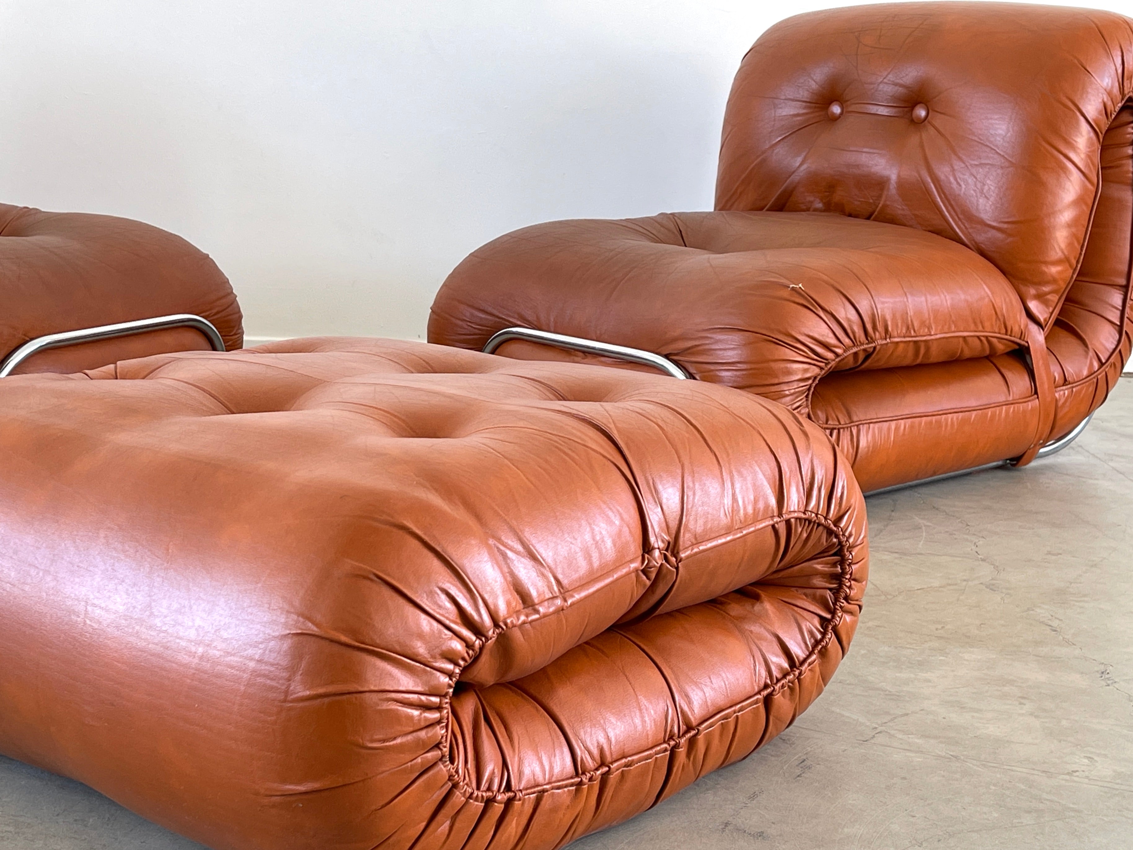 1970's Italian Leather Lounge Chairs & Ottoman - Orange Furniture