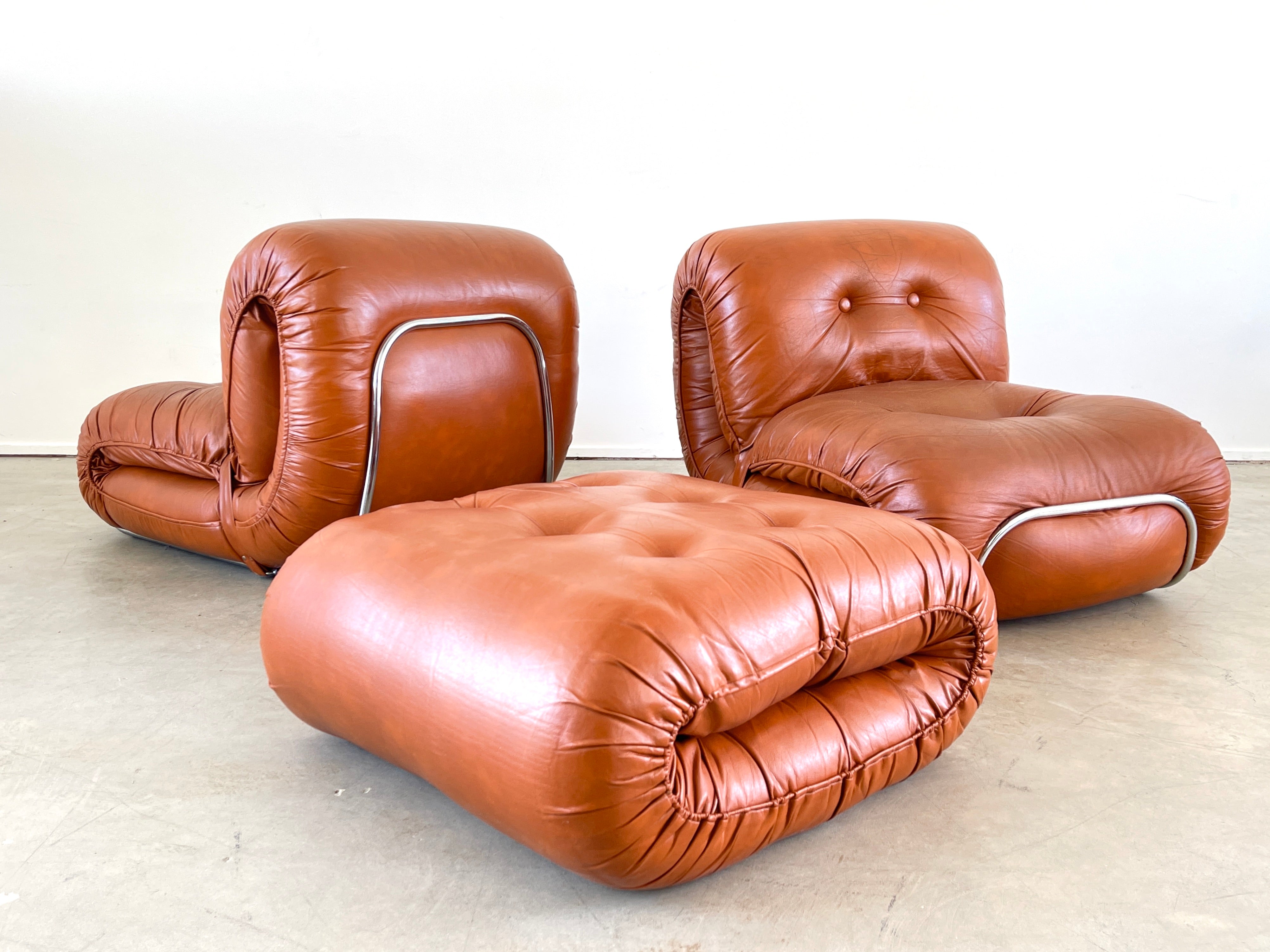 1970's Italian Leather Lounge Chairs & Ottoman - Orange Furniture